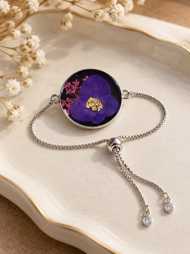 Purple Botanical Adjustable Resin Bracelet