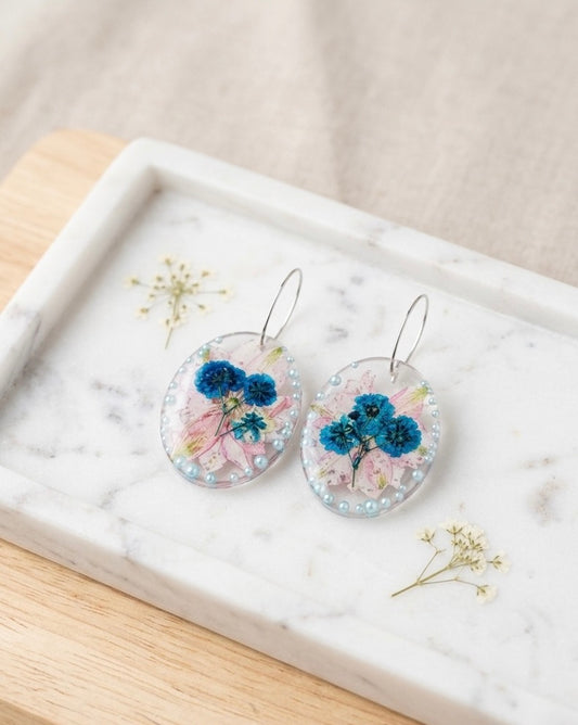 Blue Floral Resin Hoop Earrings with Pearl Details