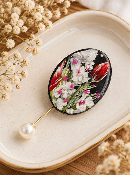 Botanical Resin Brooch with Pink Floral Details