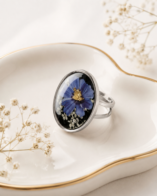 Silver-Tone Stainless Steel Ring with Pressed Blue Flower