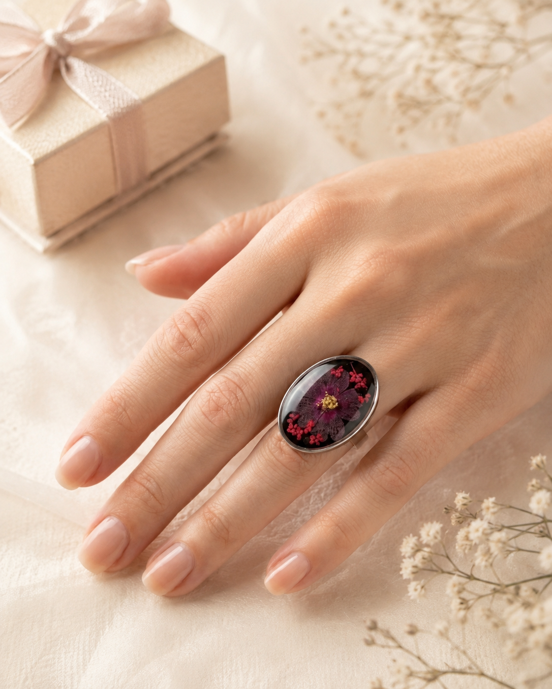 Silver-Tone Stainless Steel Ring with Pressed Purple Flowers