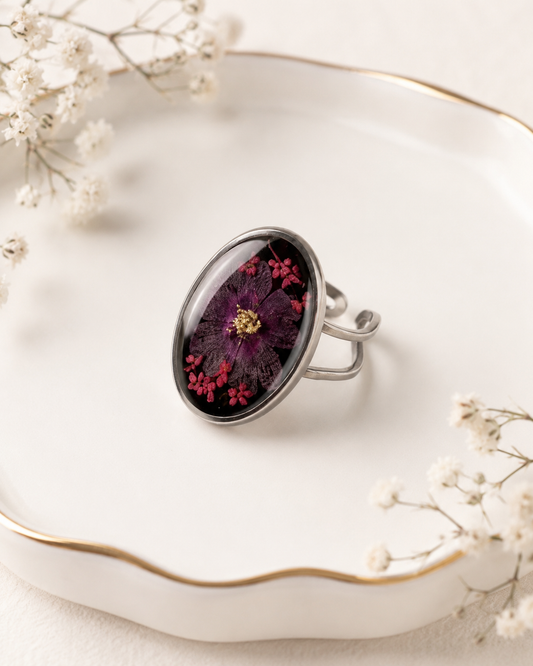 Silver-Tone Stainless Steel Ring with Pressed Purple Flowers