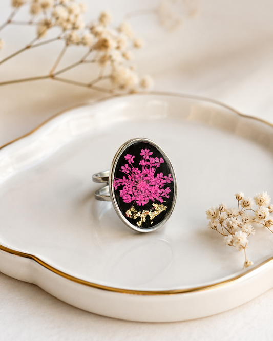 Silver-Tone Stainless Steel Ring with Pink Pressed Flowers