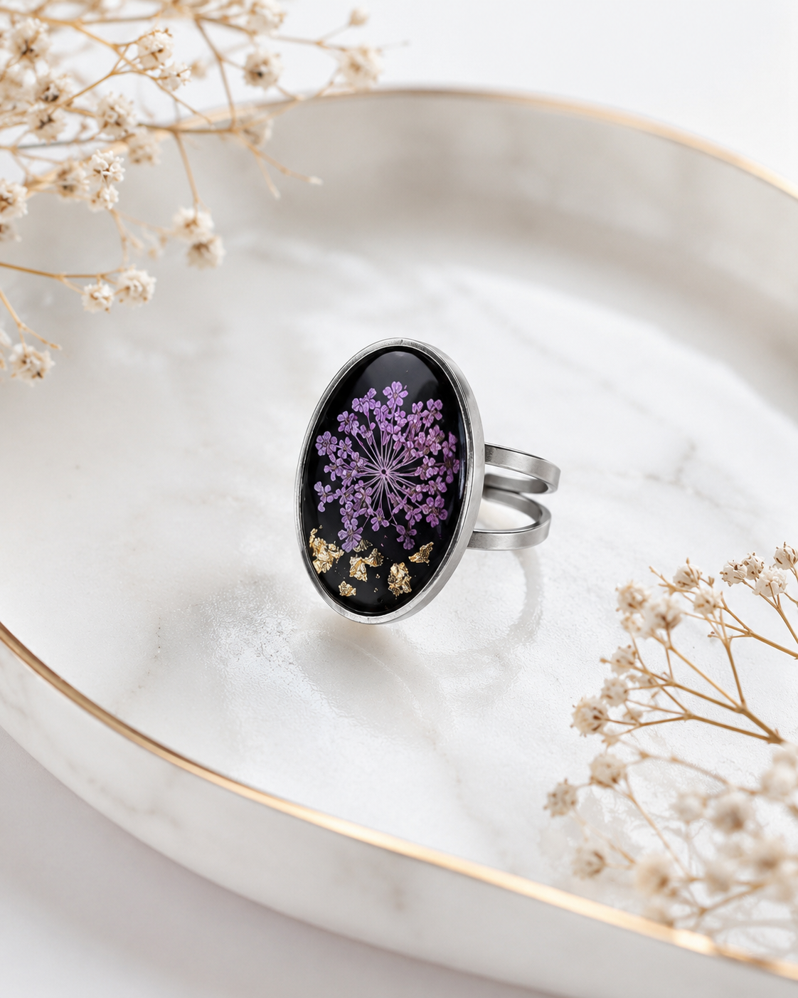 Silver-Tone Stainless Steel Ring with Purple Pressed Flowers
