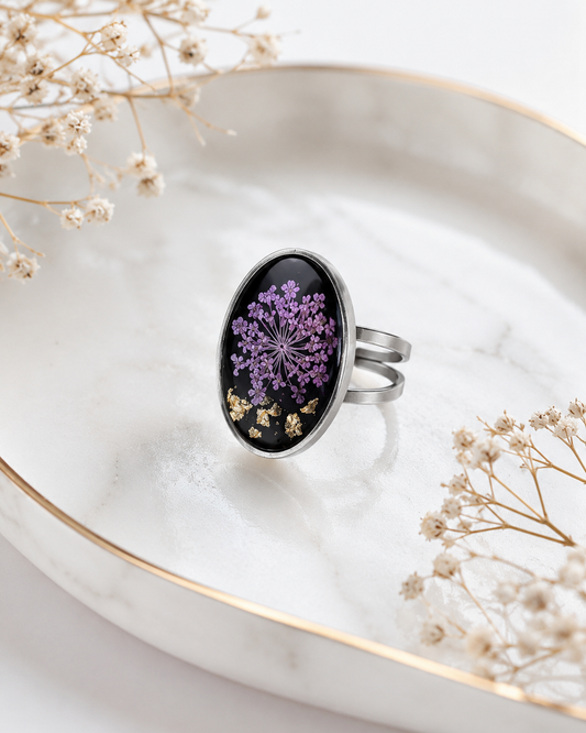 Silver-Tone Stainless Steel Ring with Purple Pressed Flowers