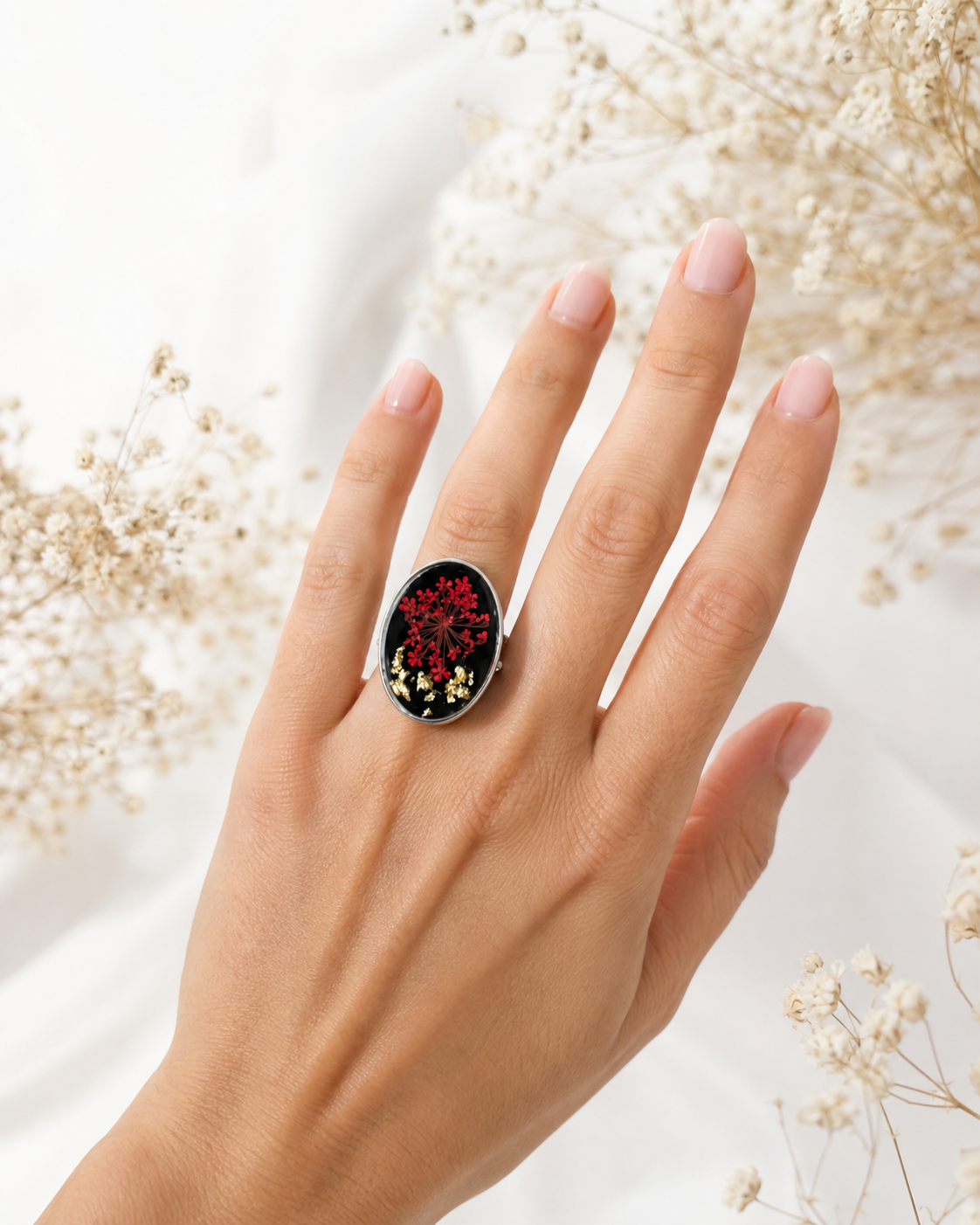 Silver-Tone Stainless Steel Ring with Red Pressed Flowers