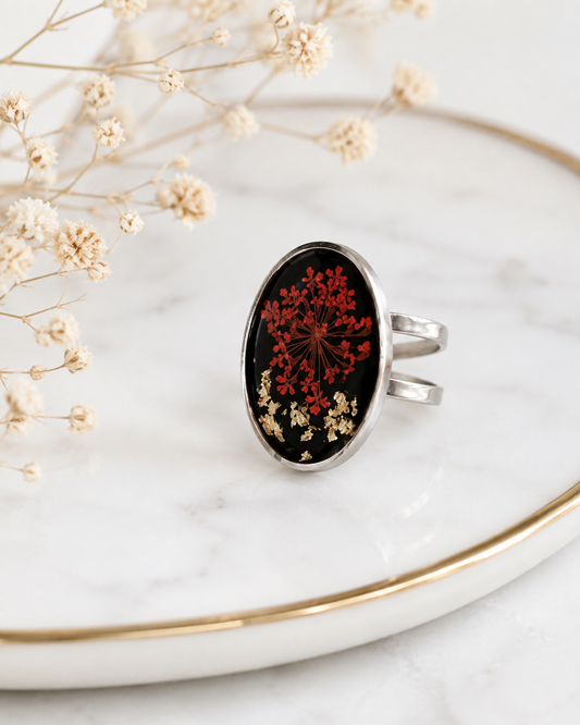 Silver-Tone Stainless Steel Ring with Red Pressed Flowers