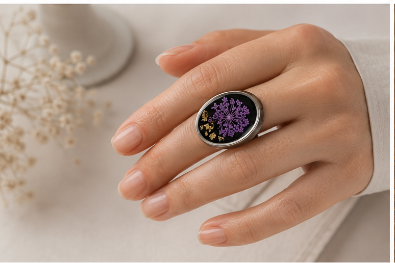 Silver-Tone Stainless Steel Ring with Purple Pressed Flowers