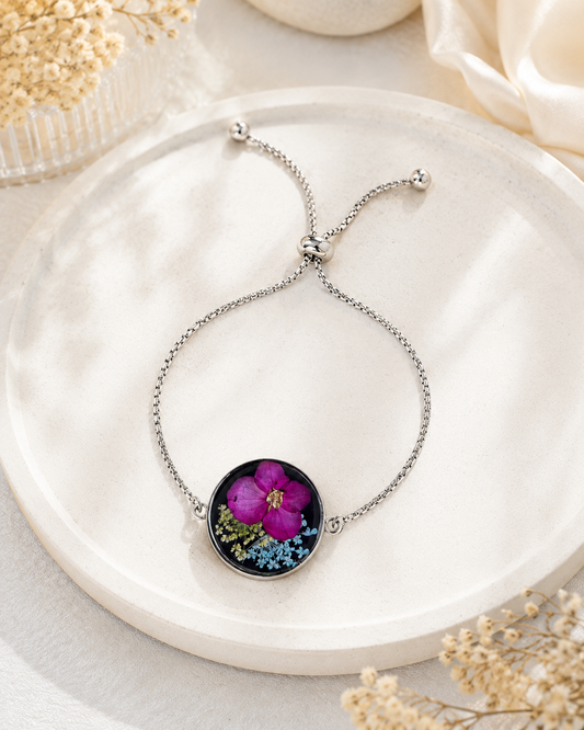 Stainless Steel Bracelet with Pressed Flowers