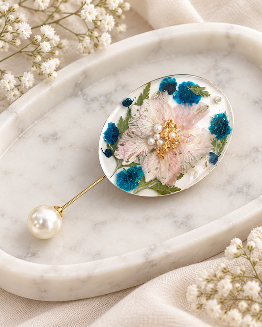 Pink & Blue Floral Resin Brooch with Pearl Pin