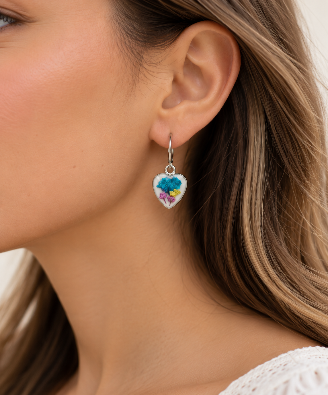 Colorful Floral Heart Resin Hoop Earrings