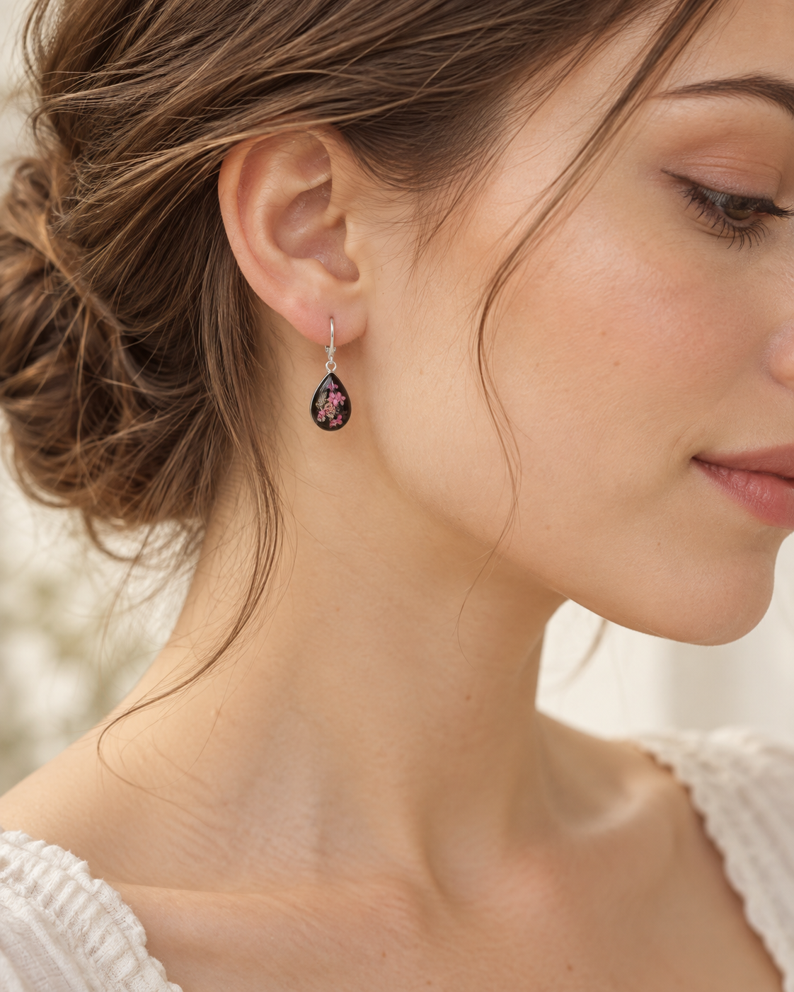 Pink Floral Teardrop Resin Earrings
