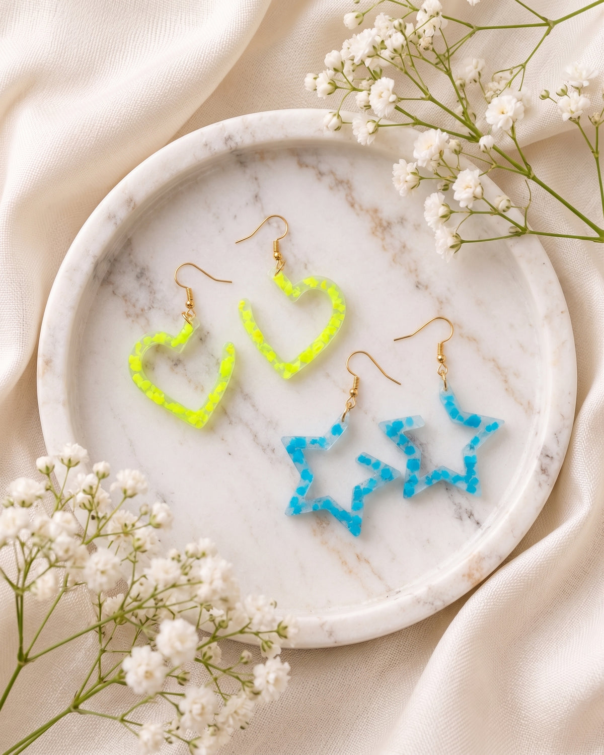 Custom Confetti Resin Earrings – Heart or Star