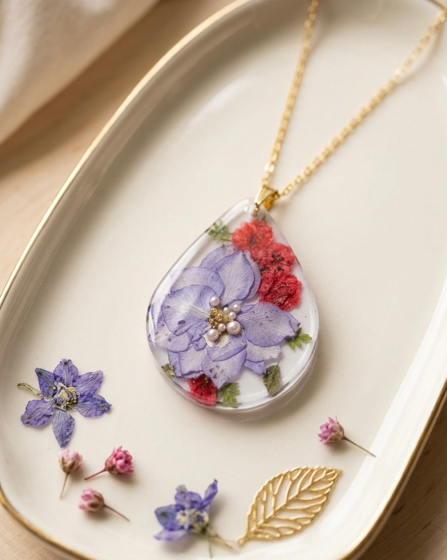 Purple Floral Teardrop Resin Pendant