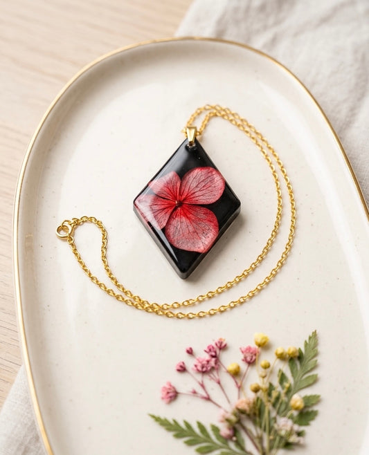 Red Hydrangea Diamond Resin Pendant