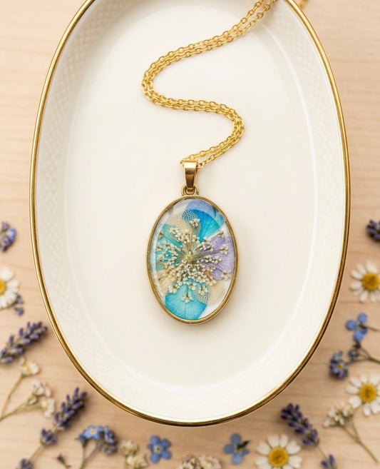 Blue & Lavender Botanical Oval Resin Pendant