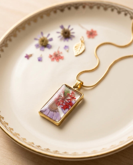 Floral Geometry Rectangle Resin Pendant