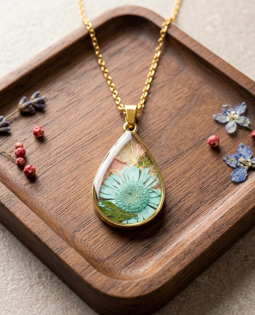 Blue Daisy Teardrop Resin Pendant