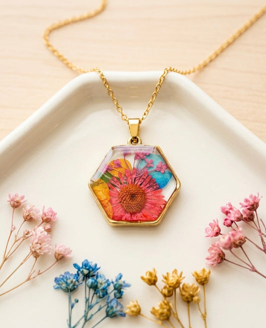 Floral Hexagon Resin Pendant