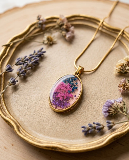 Pink & Purple Botanical Oval Resin Pendant