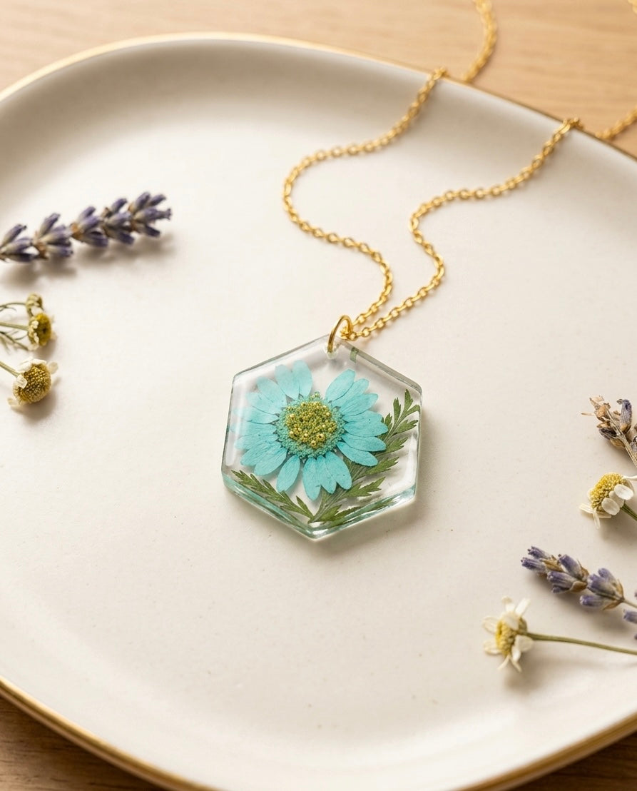 Blue Daisy Hexagon Resin Pendant