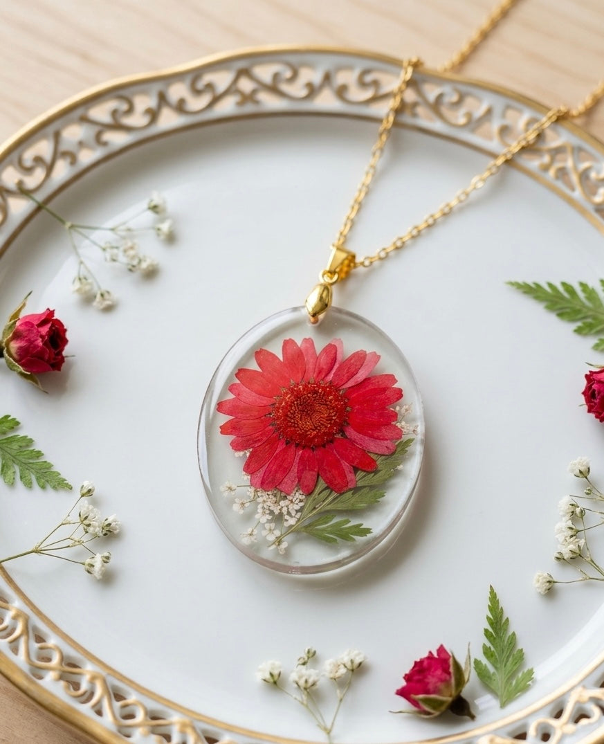 Pressed Red Daisy Oval Pendant
