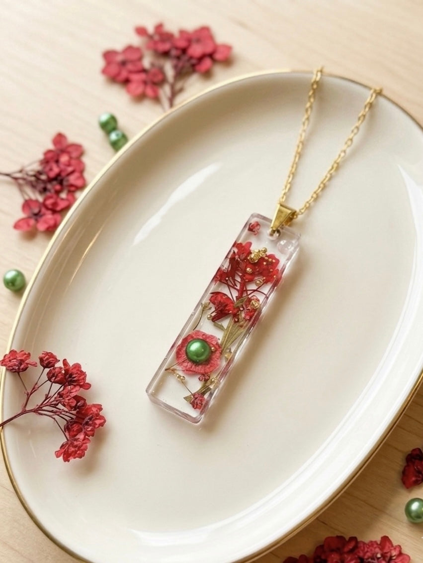 Red Botanical Bar Resin Pendant