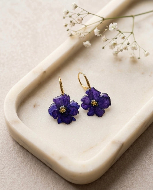 Golden Violet Bloom Resin Earrings