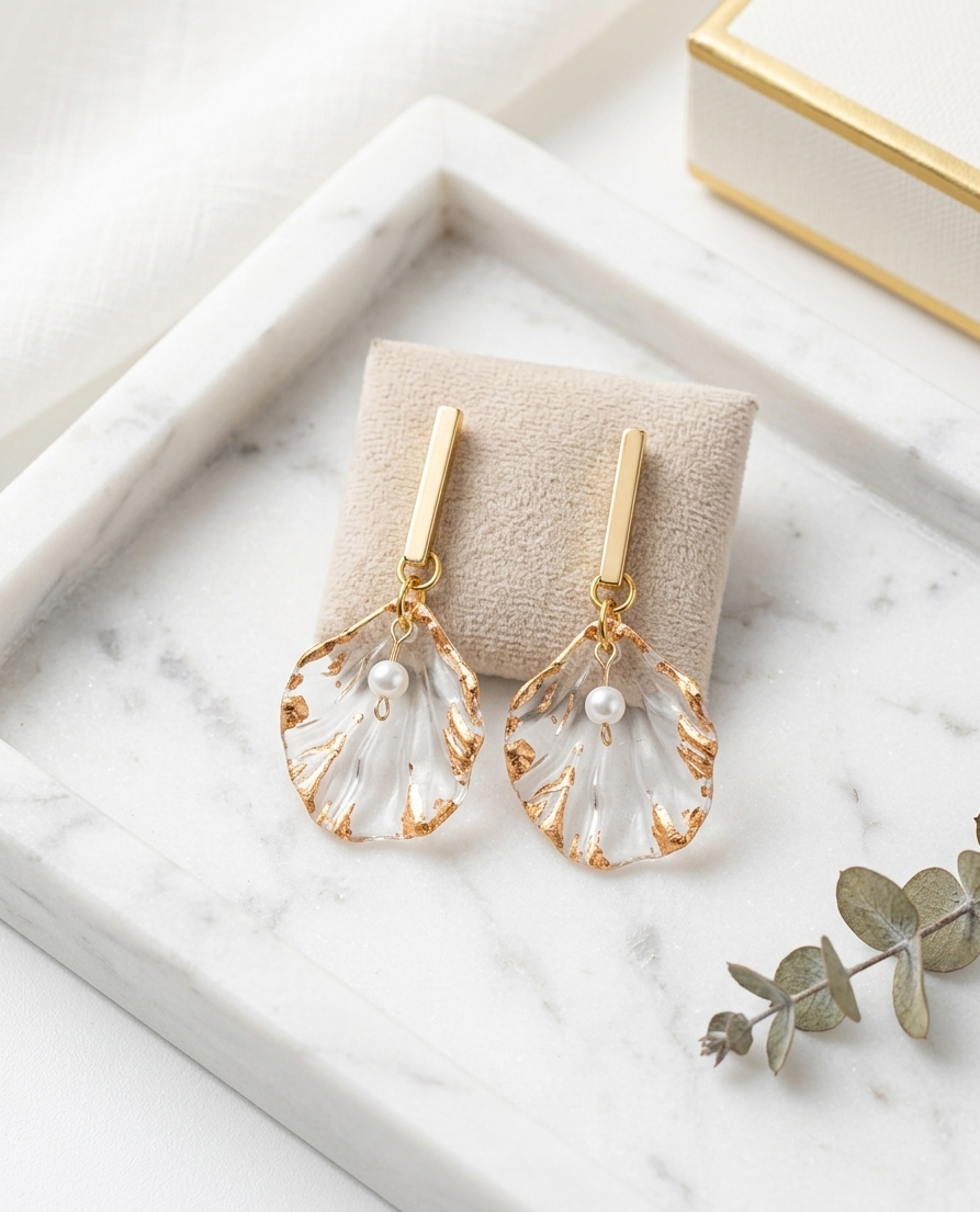 Gilded Seashell & Pearl Drop Earrings – translucent shell drops with gold-toned edges and pearl centers