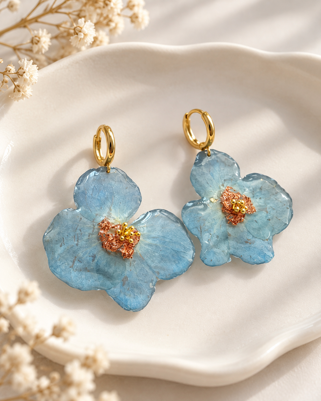 Soft Blue Natural Flower Resin Earrings