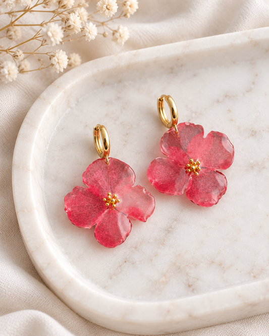Ruby Red Natural Flower Resin Earrings