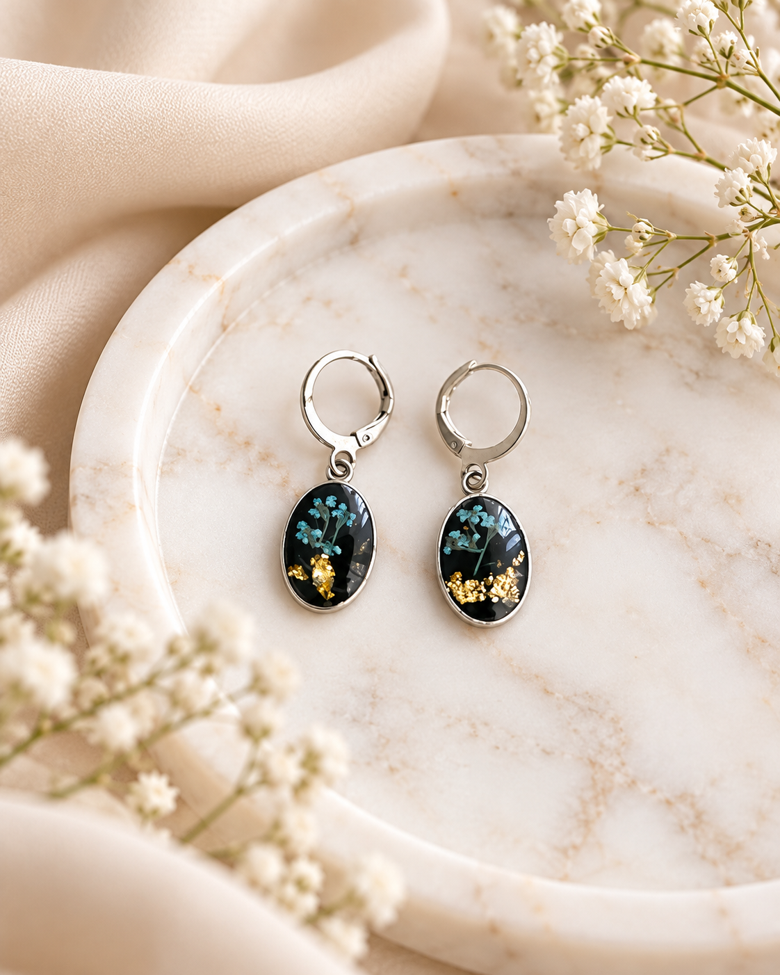 Blue Botanical Resin Earrings with Gold Flakes