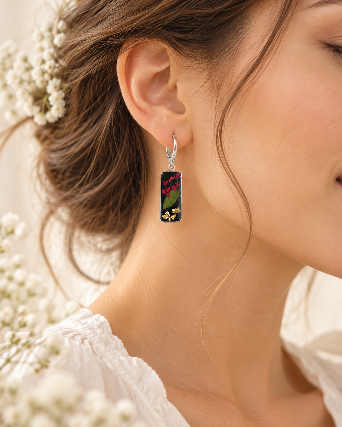 Red Botanical Rectangle Resin Earrings