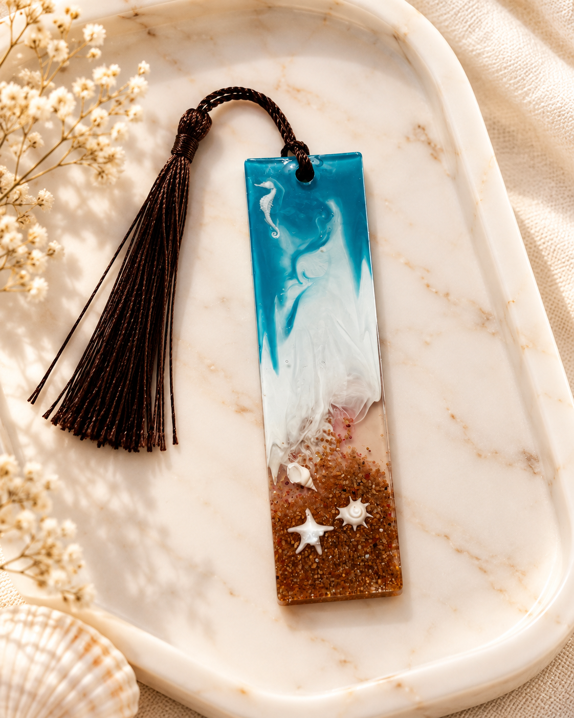 Ocean Waves & White Sea Life Resin Bookmark