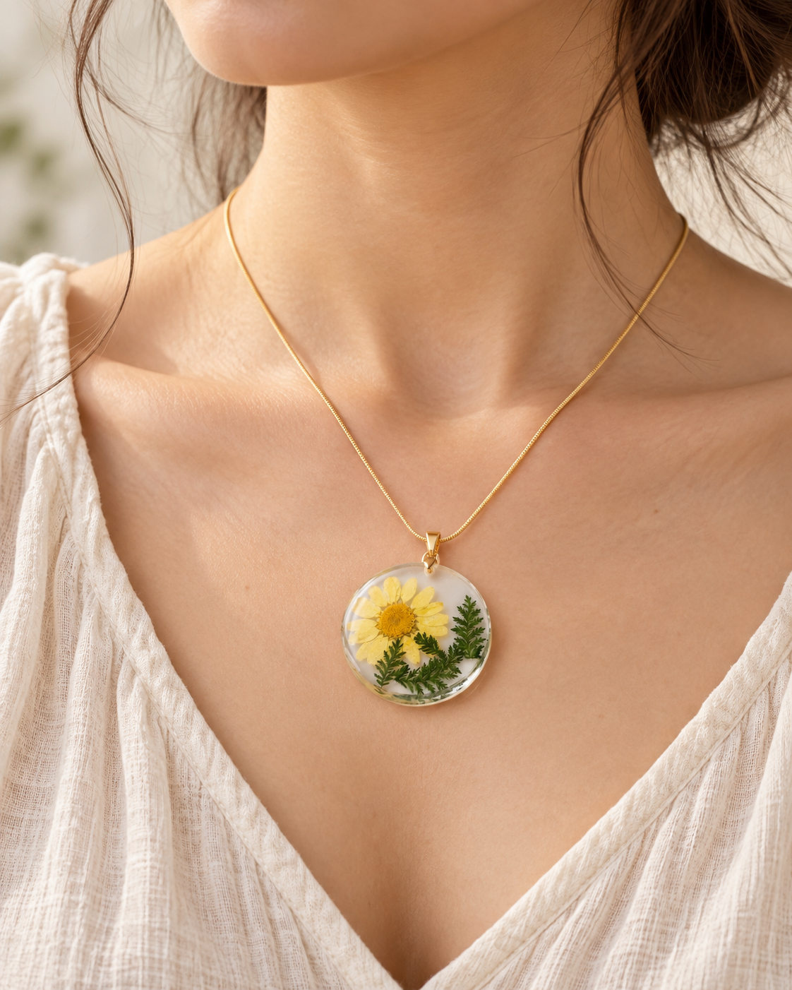 Yellow Daisy & Fern Resin Pendant