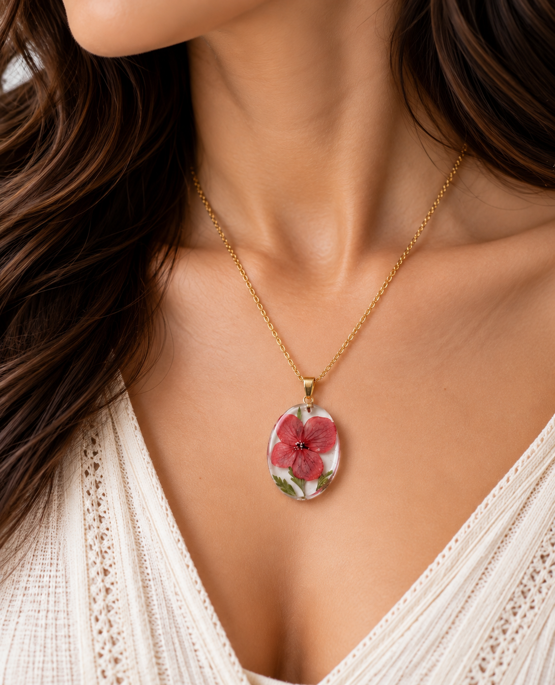 Red Hydrangea Oval Resin Pendant