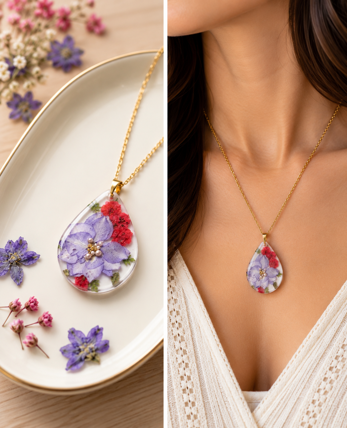 Purple Floral Teardrop Resin Pendant