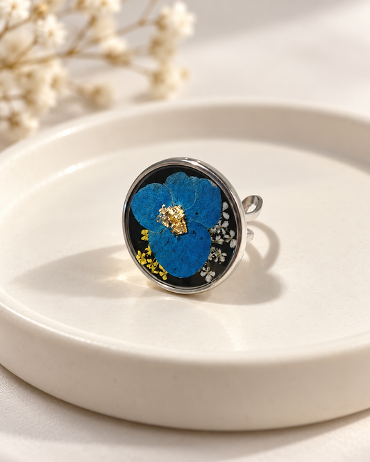 Blue Flower Oval Resin Adjustable Ring