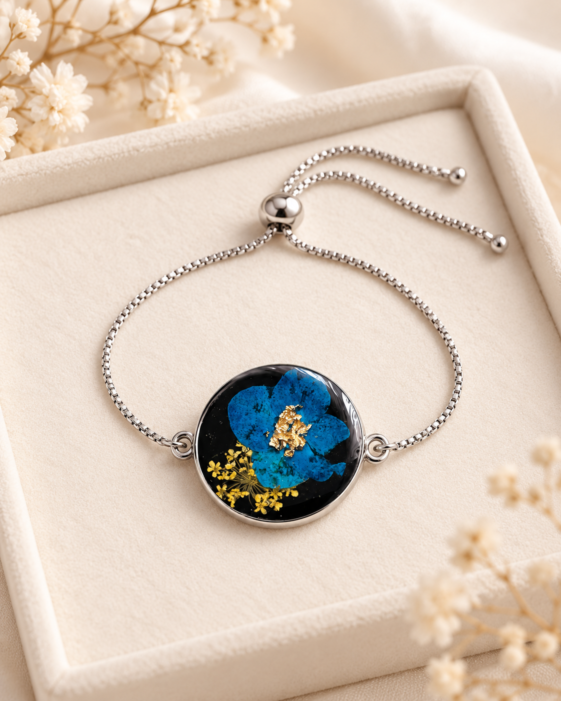 Blue Botanical Adjustable Resin Bracelet