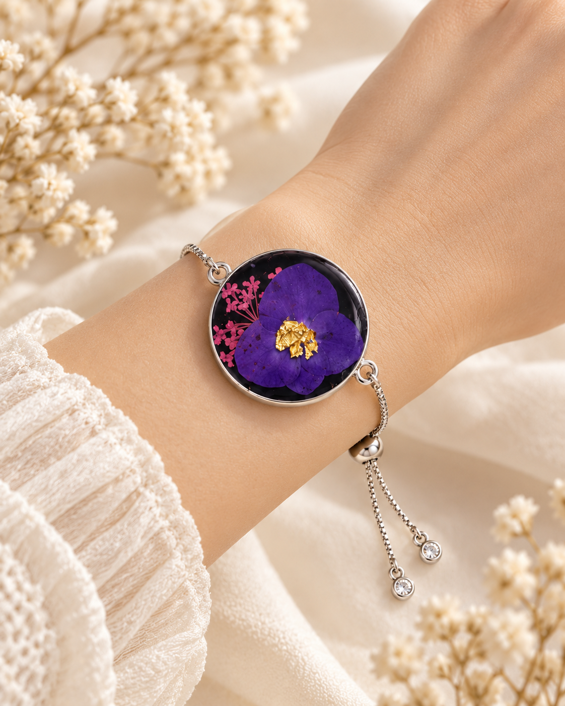 Purple Botanical Adjustable Resin Bracelet