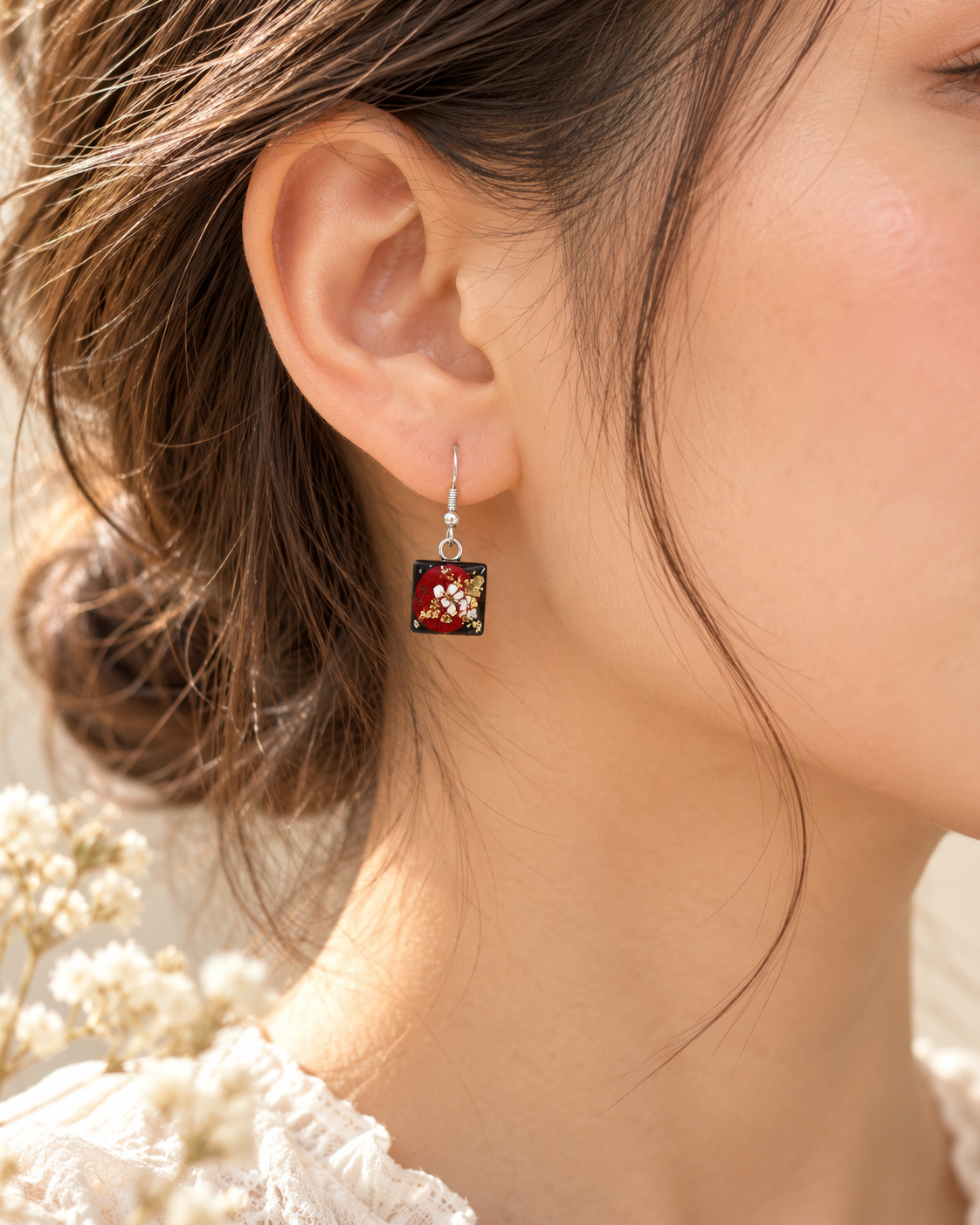 Red Botanical Square Mini Resin Earrings