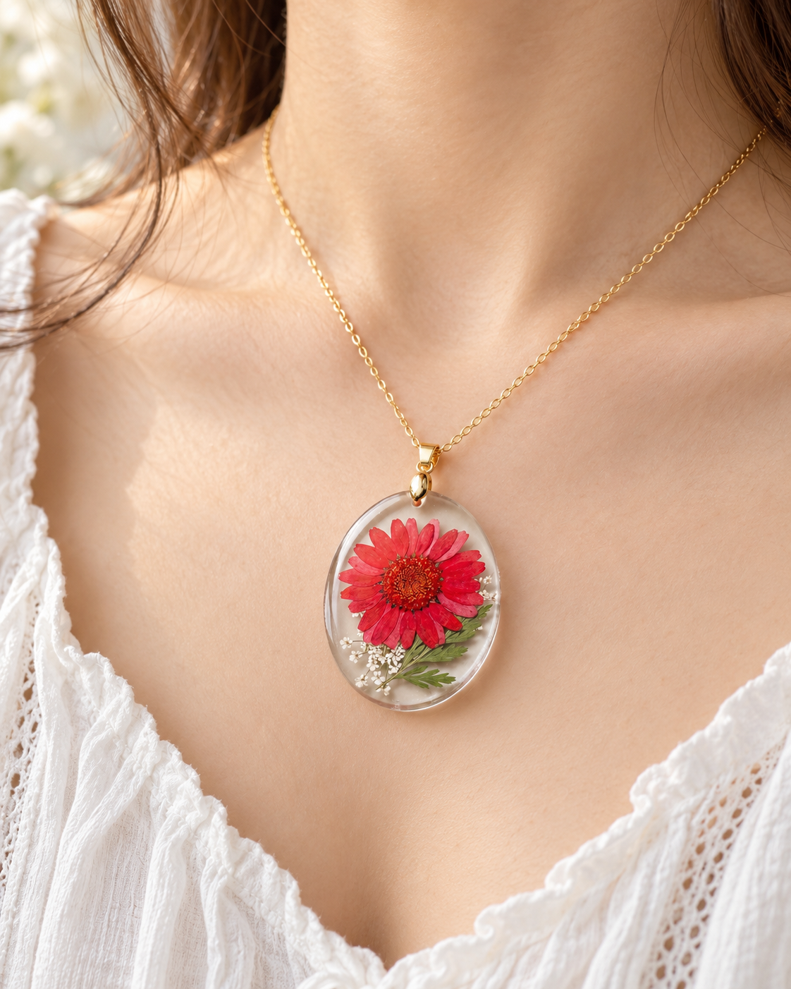 Pressed Red Daisy Oval Pendant