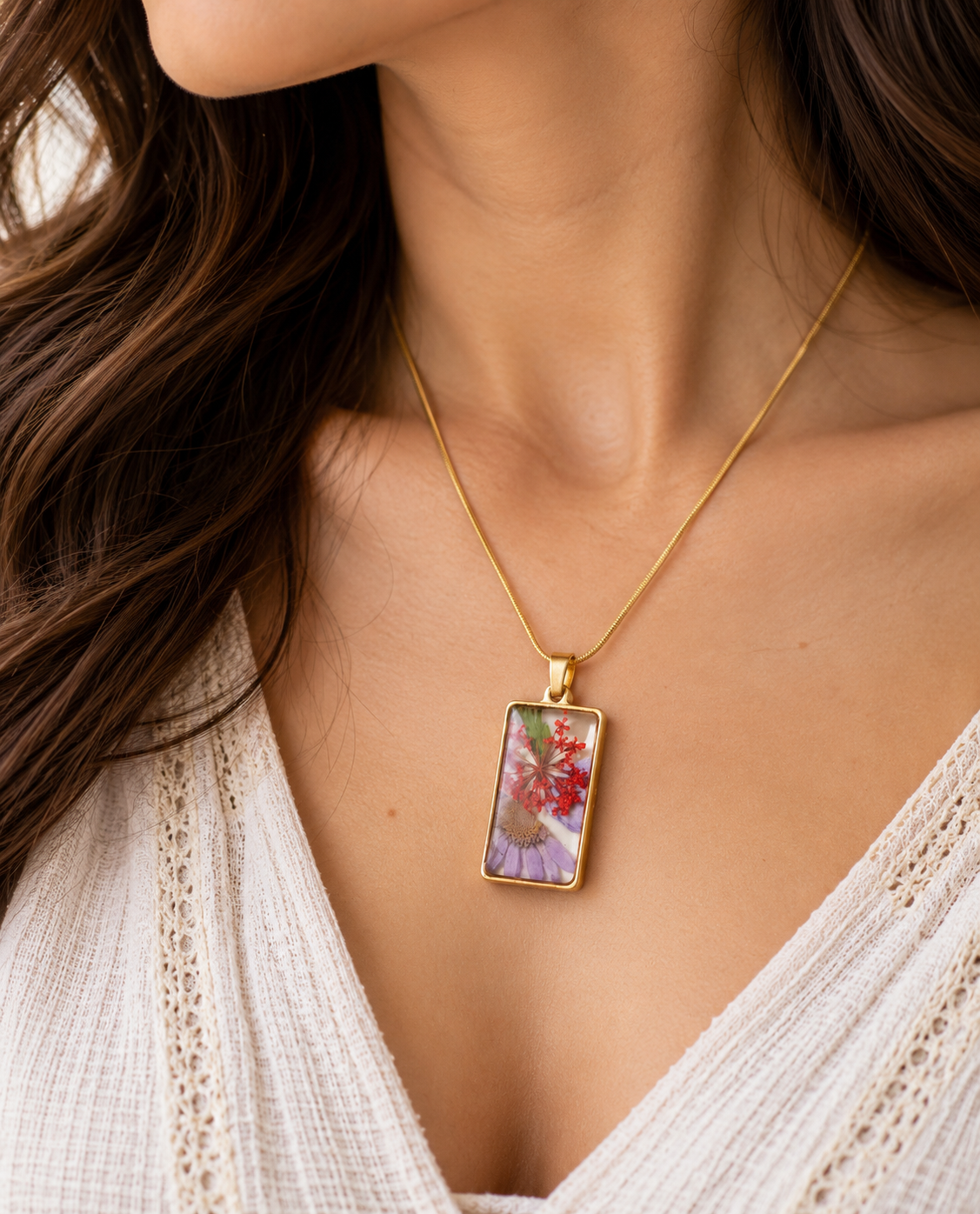Floral Geometry Rectangle Resin Pendant