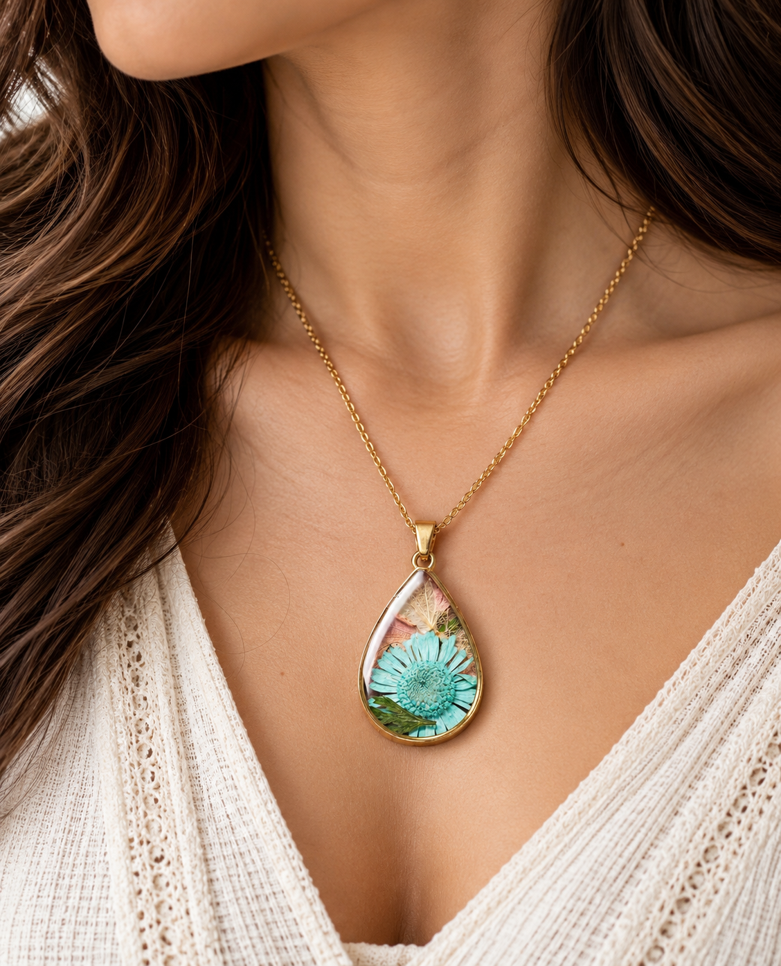 Blue Daisy Teardrop Resin Pendant