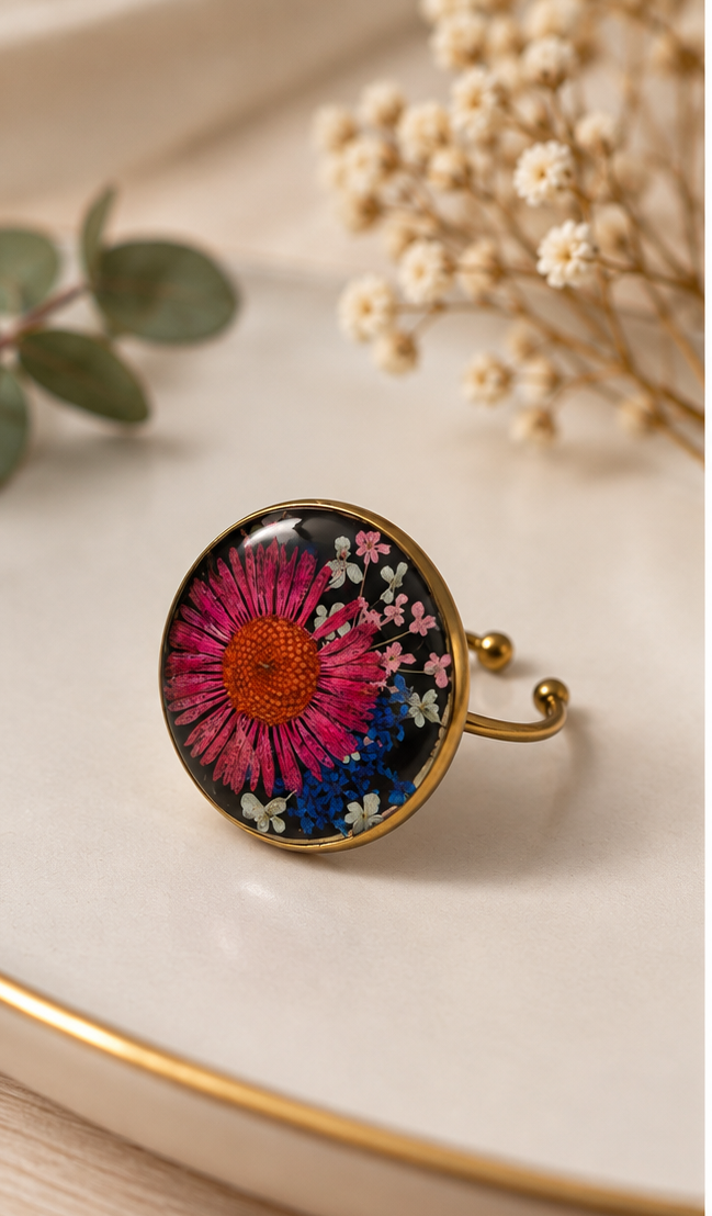 Pink Daisy Botanical Oval Resin Adjustable Ring