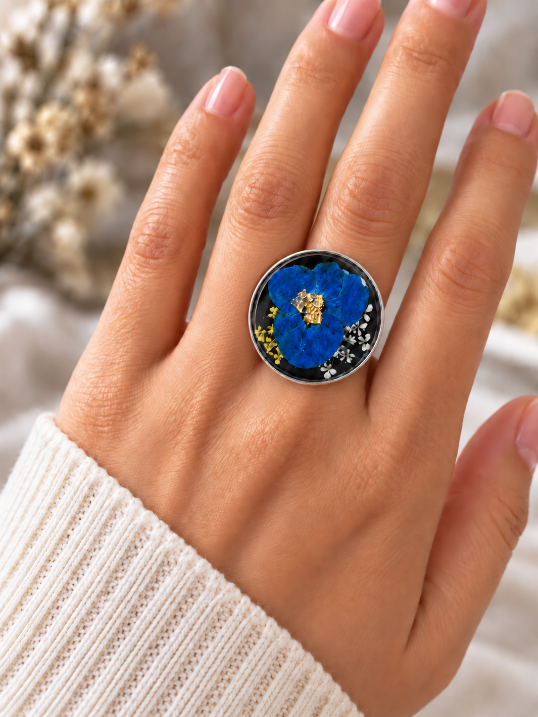 Blue Flower Oval Resin Adjustable Ring