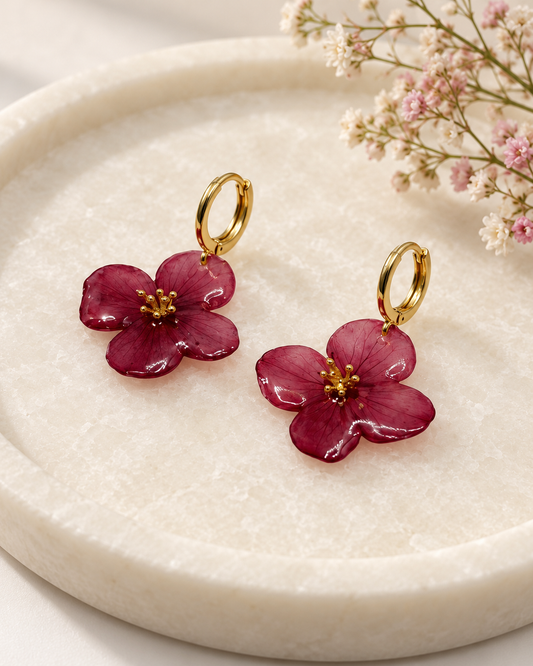 Burgundy Red Natural Flower Resin Earrings