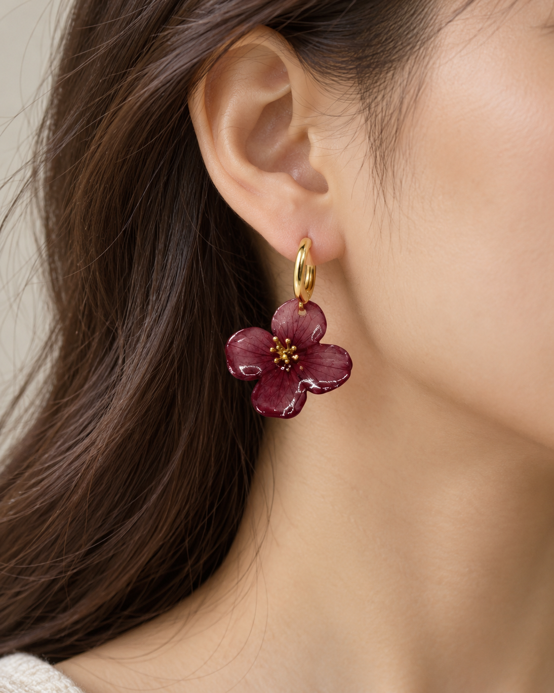 Burgundy Red Natural Flower Resin Earrings