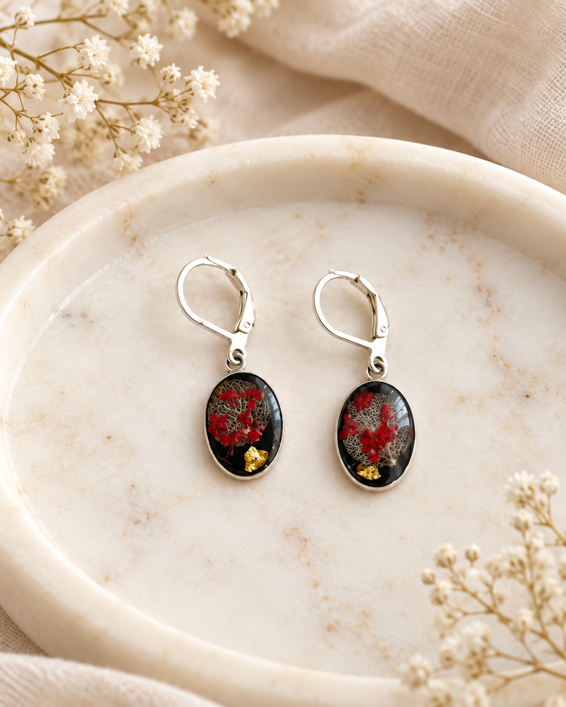 Red Botanical Resin Earrings with Gold Flakes