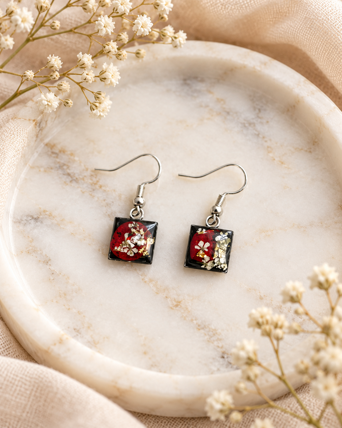 Red Botanical Square Mini Resin Earrings